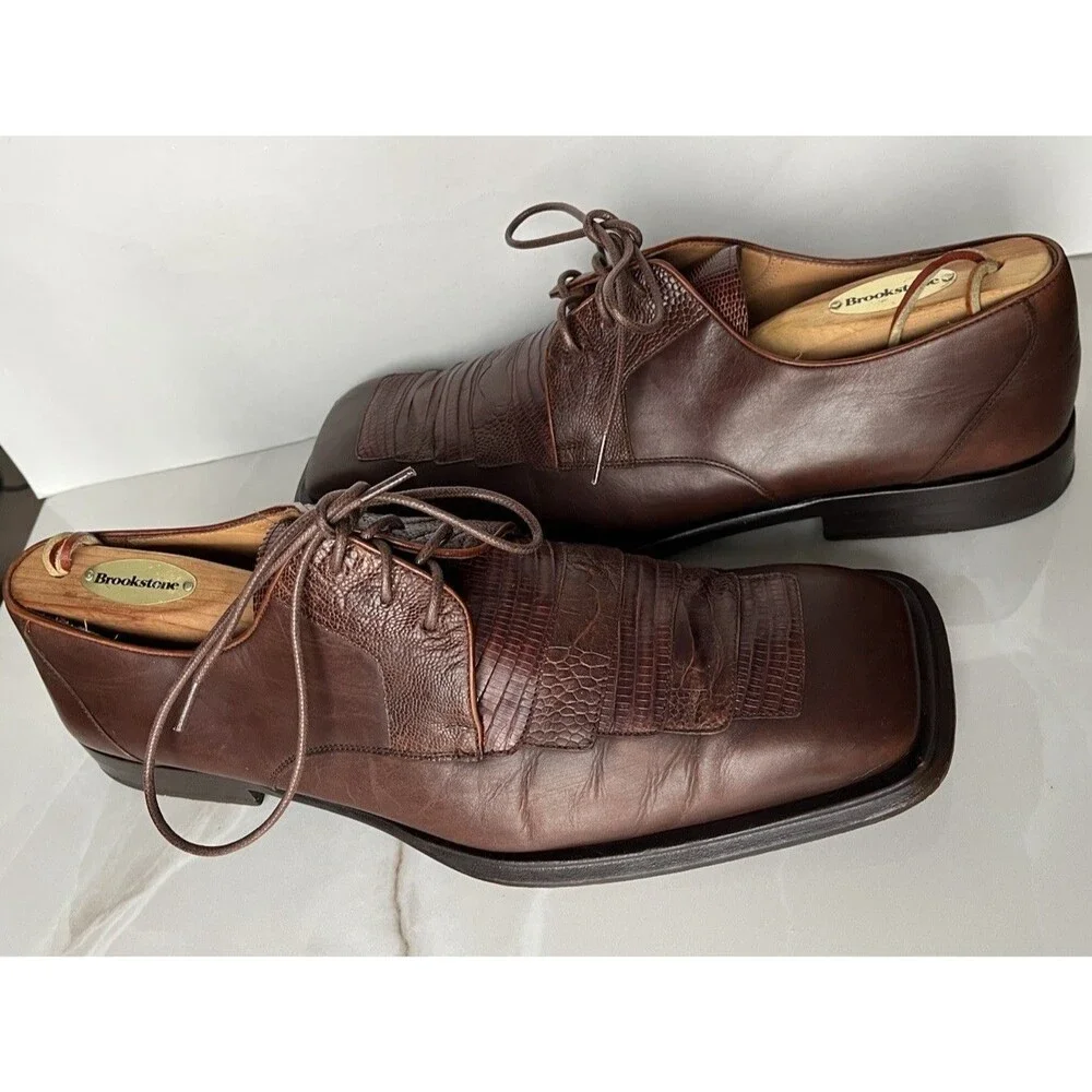 Mezlan Brown Embossed Leather Square Toe Men Dress Lace Up Oxfords Shoes Sz 12